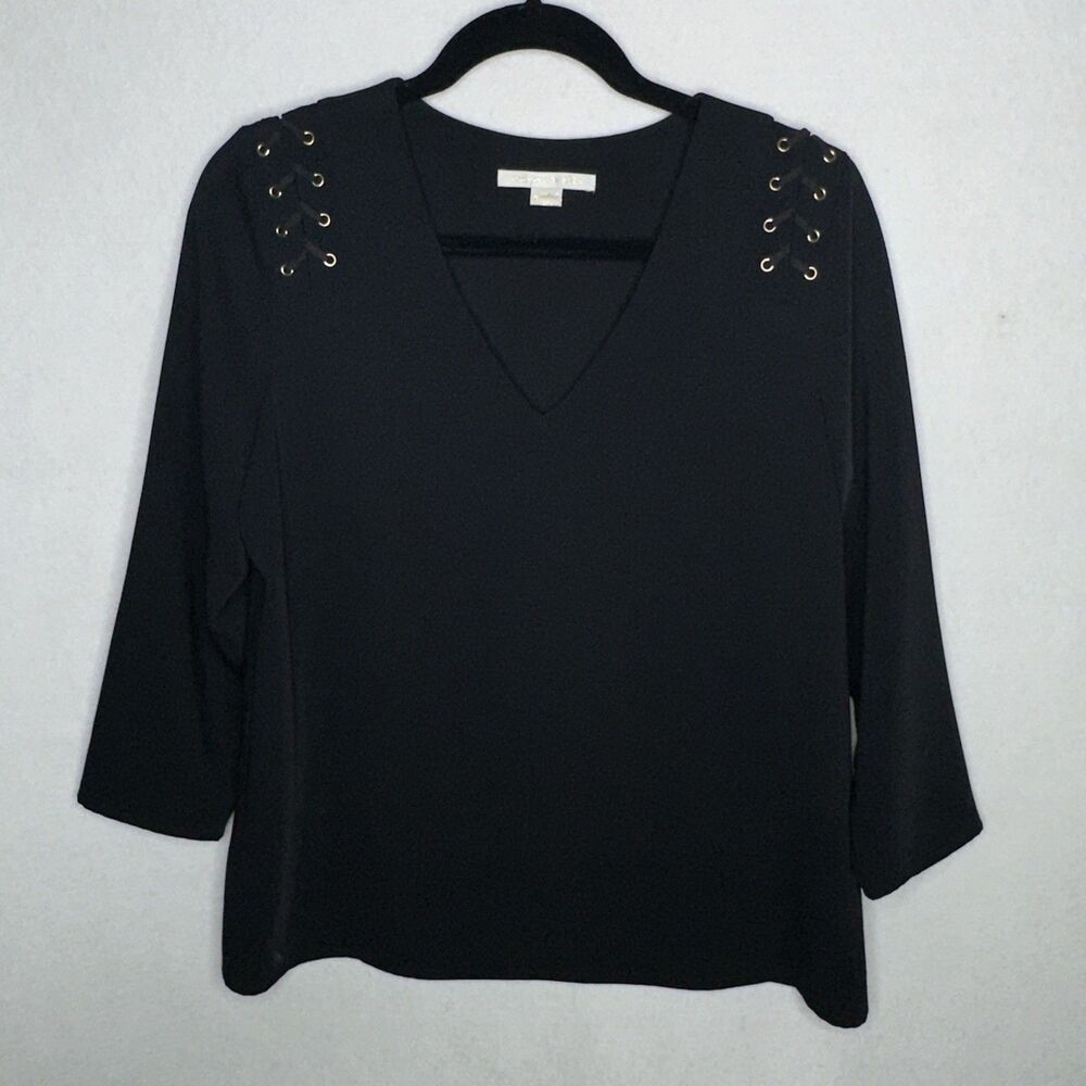 Cooper & Ella Brand Black Blouse, Size Small V Neck, 3/4 sleeve Career, Silky